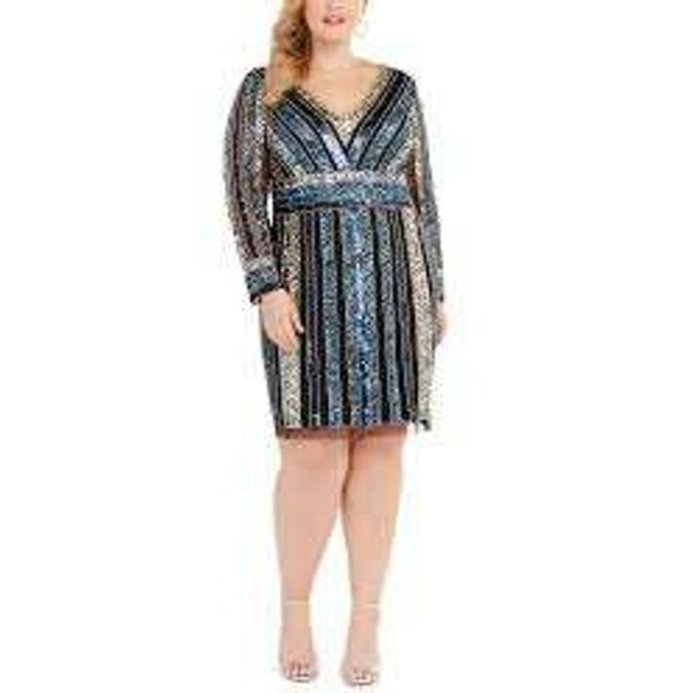 Adrianna Papell Plus-Size Black and Silver Sequin V-Neck Cocktail Dress Sz 1x